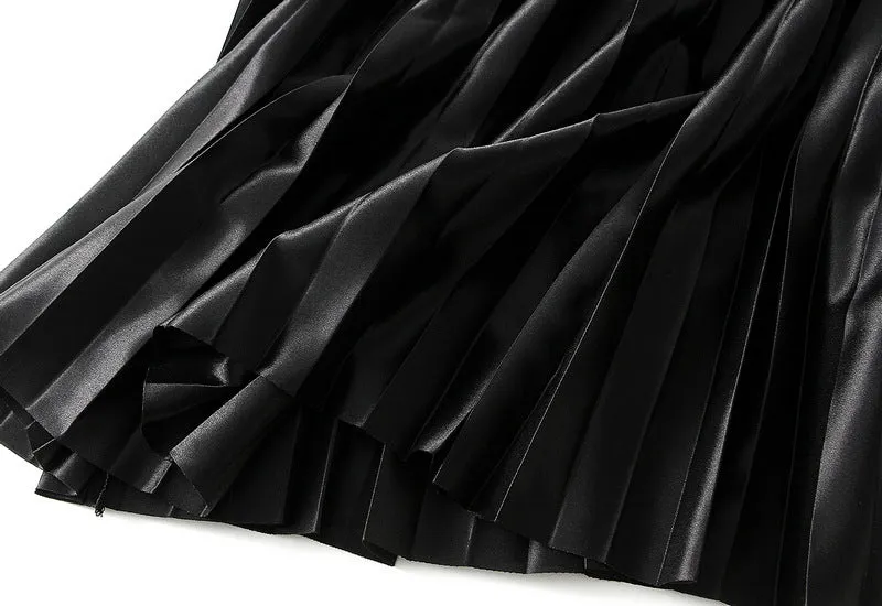 Glossy High Waist Pleated A Line Skirt