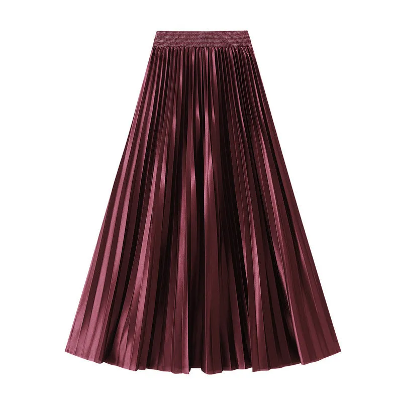Glossy High Waist Pleated A Line Skirt