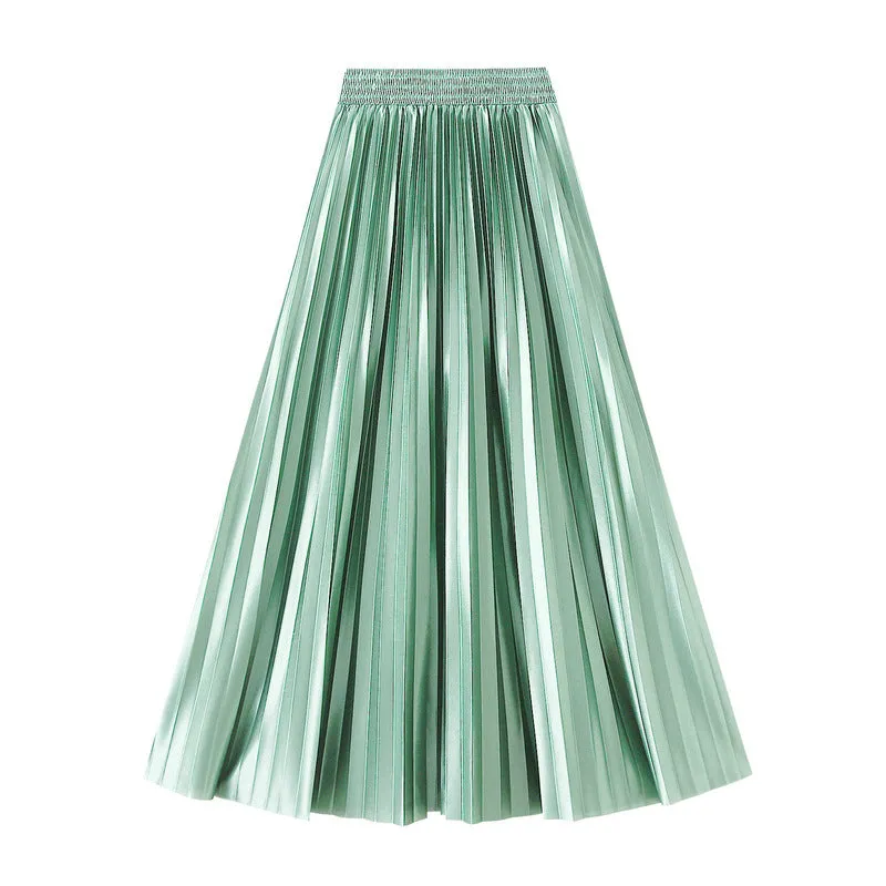 Glossy High Waist Pleated A Line Skirt