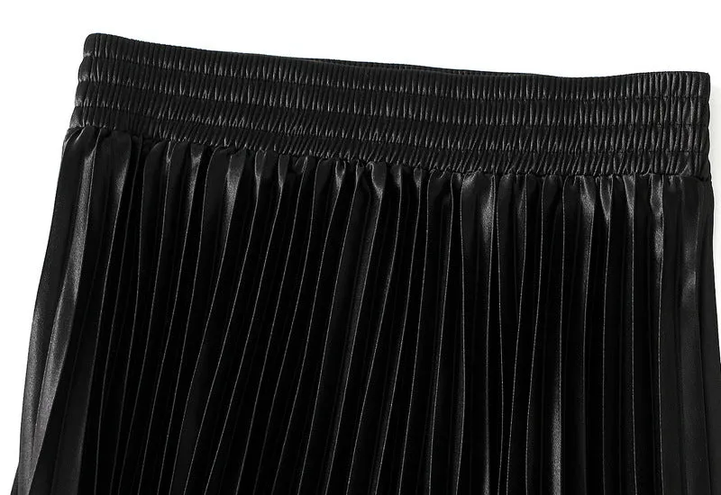 Glossy High Waist Pleated A Line Skirt
