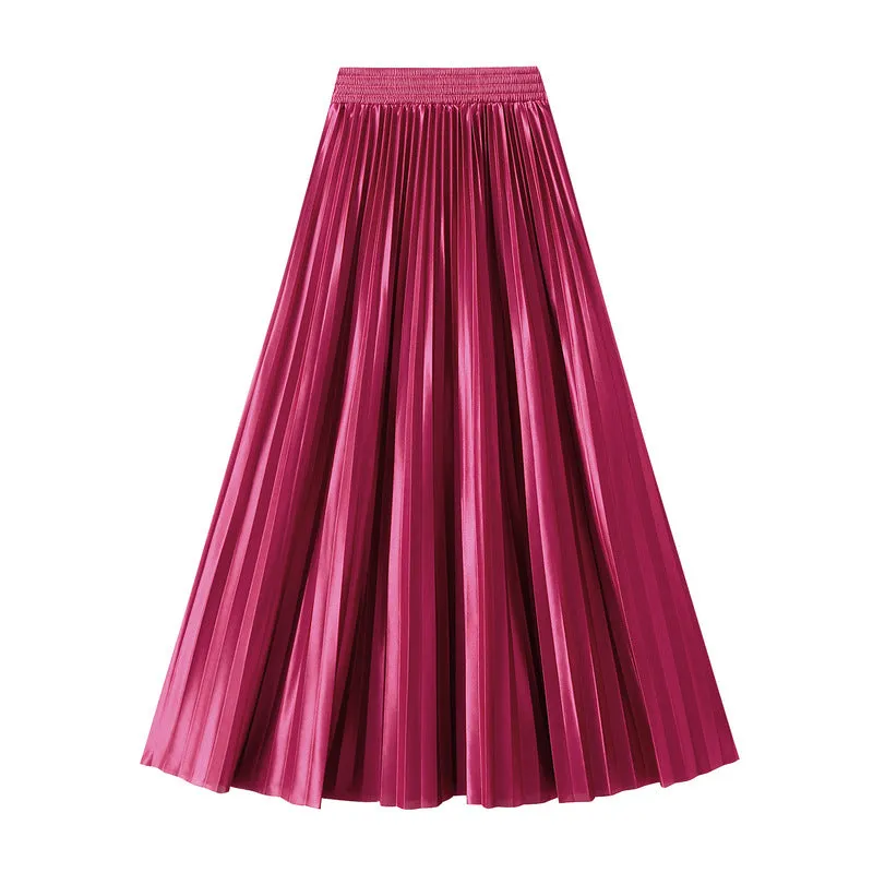 Glossy High Waist Pleated A Line Skirt