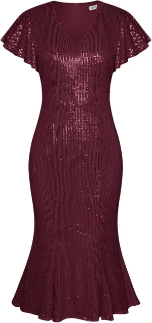 GRACE KARIN Womens Formal Sequin Dress Cap Sleeve Elegant Mermaid Dress Glitter Sparkly Cocktail Party Dress with Belt