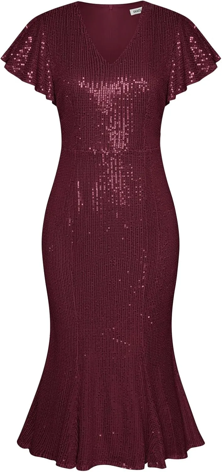 GRACE KARIN Womens Formal Sequin Dress Cap Sleeve Elegant Mermaid Dress Glitter Sparkly Cocktail Party Dress with Belt