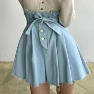 High Rise Washed Denim Mini A-Line Skirt