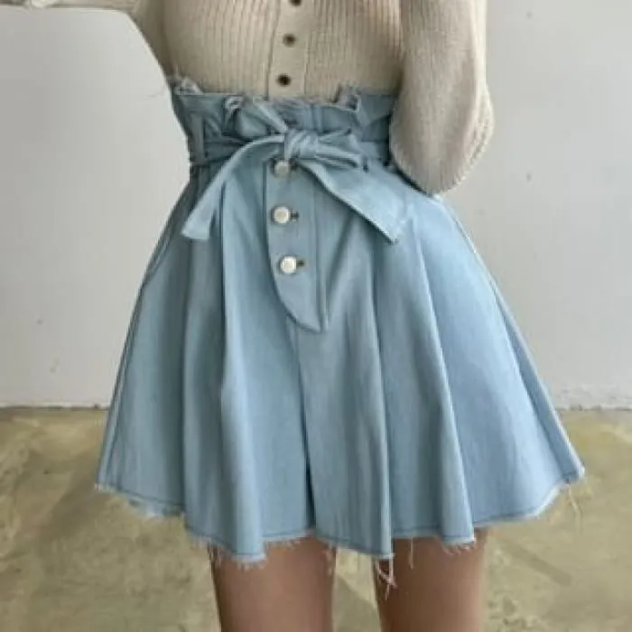 High Rise Washed Denim Mini A-Line Skirt