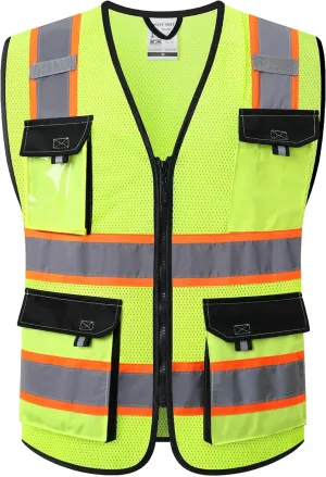 JKSafety Hi Vis Reflective Safety Vests for Men Women High Visibility Vest with Pockets Mesh Fabric Construction Safety Apparel Neon Vest for Work (220-Yellow XL)