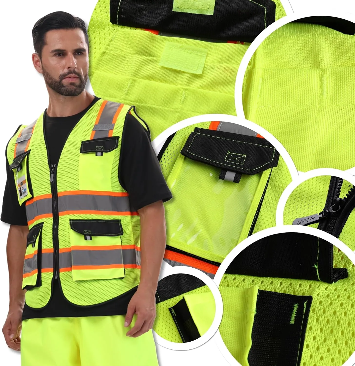 JKSafety Hi Vis Reflective Safety Vests for Men Women High Visibility Vest with Pockets Mesh Fabric Construction Safety Apparel Neon Vest for Work (220-Yellow XL)