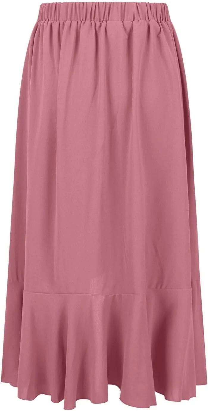 JOAU High Waist Wrap Irregular Flowy Ruffle Skirts for Women Trendy Summer High Low Slit Front A-line Midi Skirt