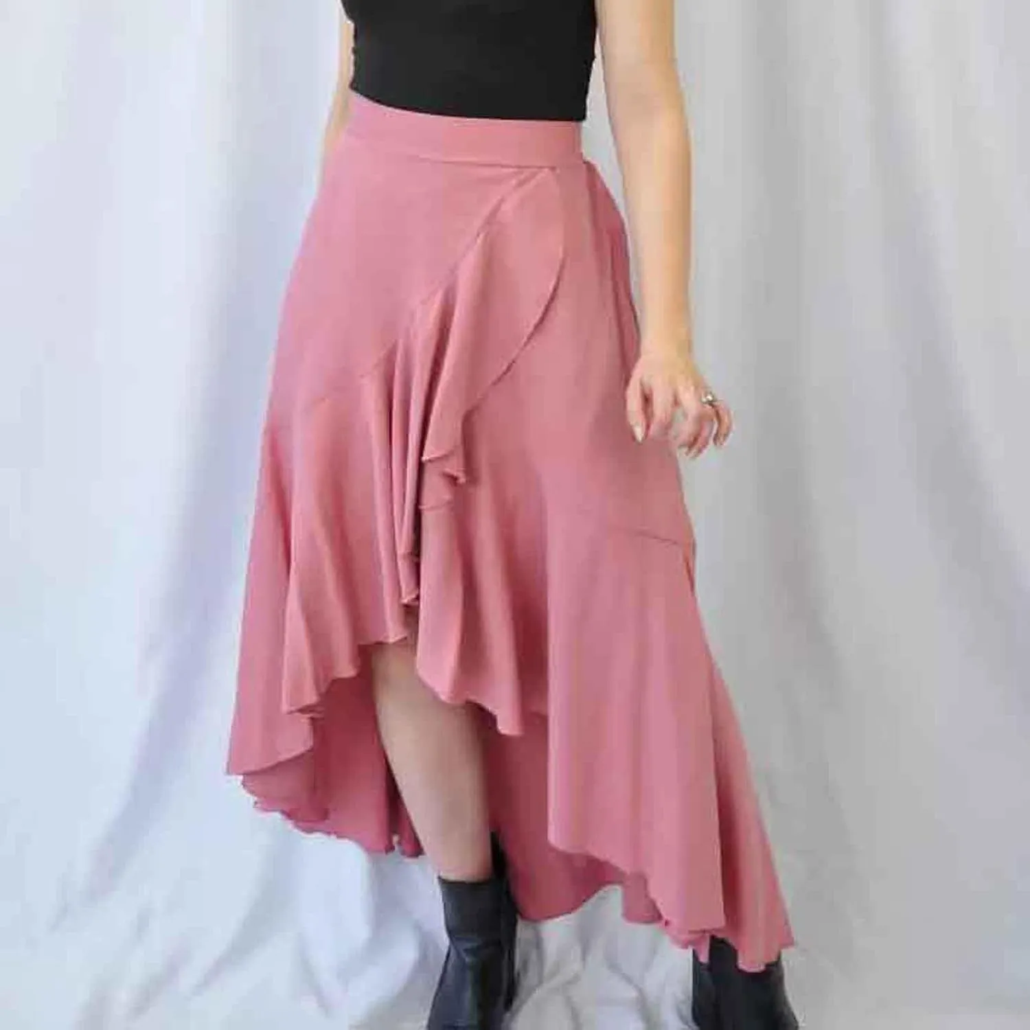 JOAU High Waist Wrap Irregular Flowy Ruffle Skirts for Women Trendy Summer High Low Slit Front A-line Midi Skirt