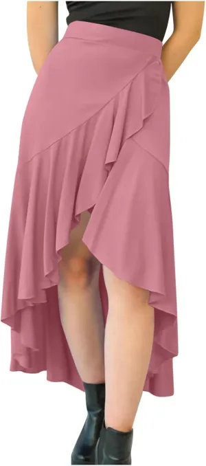JOAU High Waist Wrap Irregular Flowy Ruffle Skirts for Women Trendy Summer High Low Slit Front A-line Midi Skirt