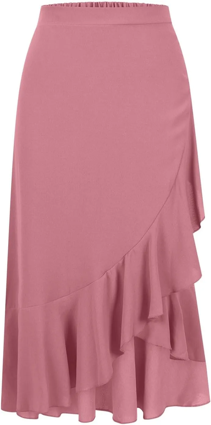 JOAU High Waist Wrap Irregular Flowy Ruffle Skirts for Women Trendy Summer High Low Slit Front A-line Midi Skirt