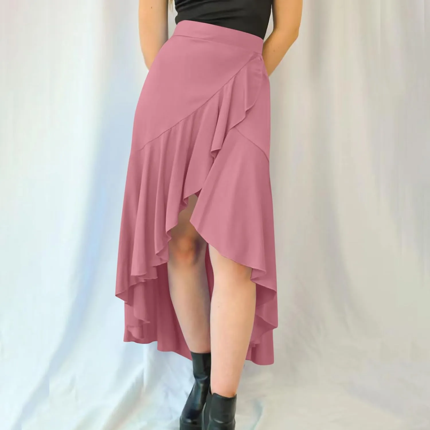 JOAU High Waist Wrap Irregular Flowy Ruffle Skirts for Women Trendy Summer High Low Slit Front A-line Midi Skirt