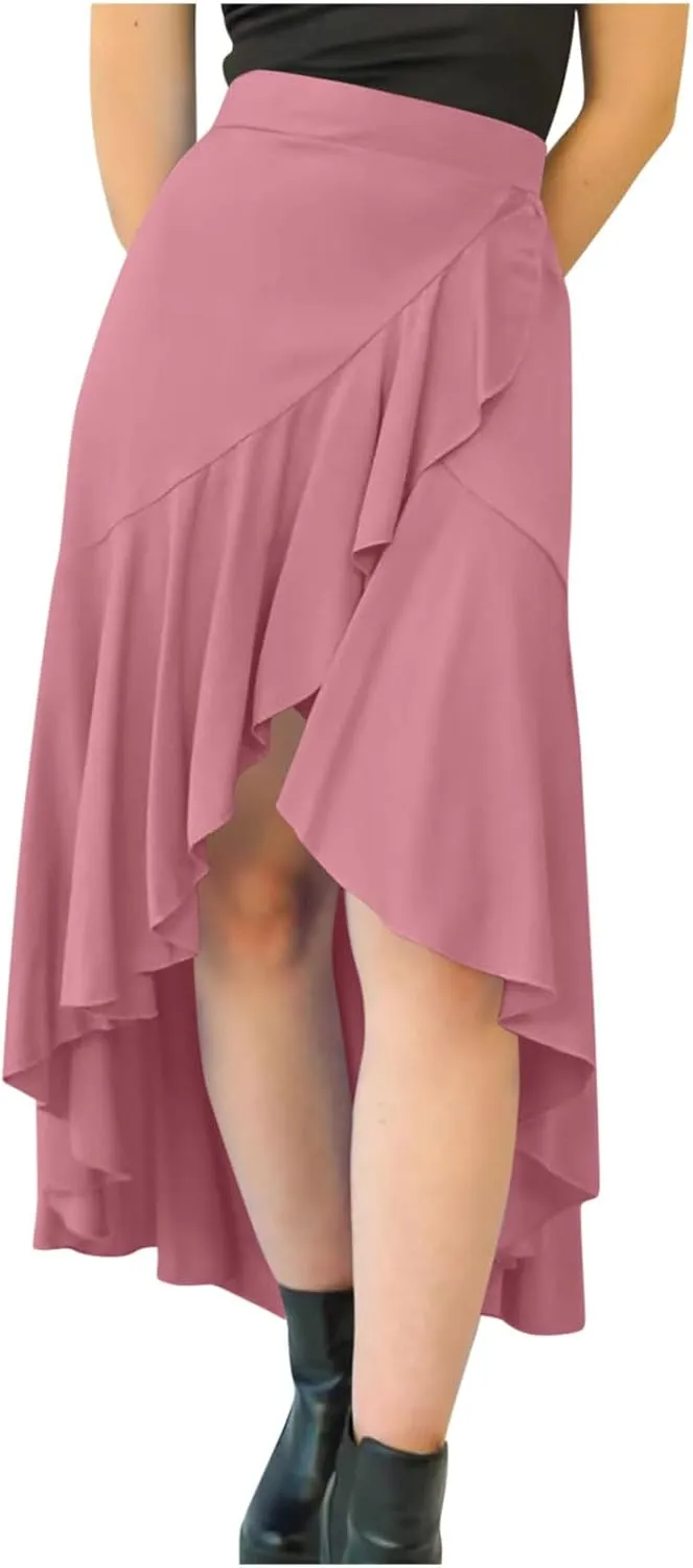 JOAU High Waist Wrap Irregular Flowy Ruffle Skirts for Women Trendy Summer High Low Slit Front A-line Midi Skirt