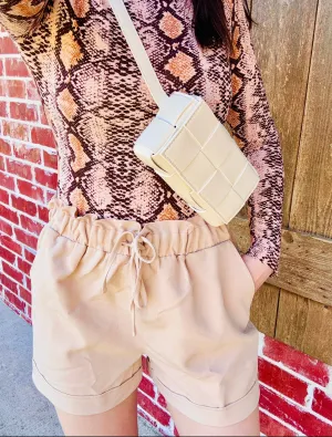 Khaki Ruffle Elastic Waist Shorts