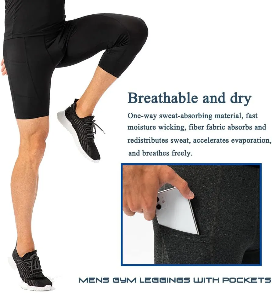 LANBAOSI 2 Pack 3/4 One Leg Compression Tights for Basketball Leg Sleeve Capri Athletic Base Layer Underwear for Gym Running