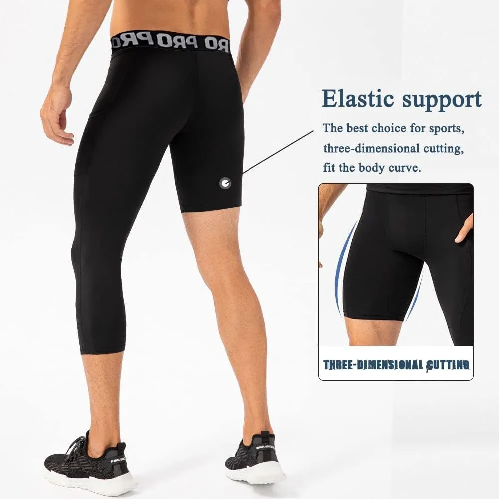 LANBAOSI 2 Pack 3/4 One Leg Compression Tights for Basketball Leg Sleeve Capri Athletic Base Layer Underwear for Gym Running