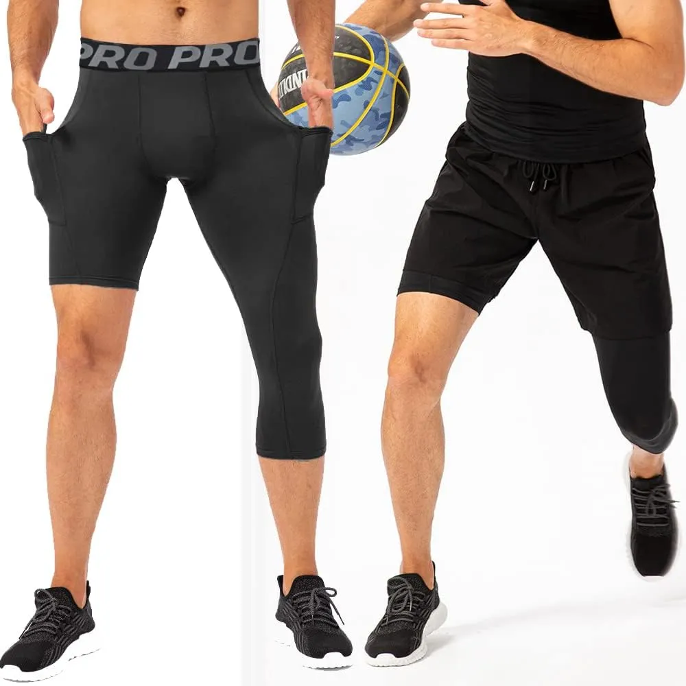 LANBAOSI 2 Pack 3/4 One Leg Compression Tights for Basketball Leg Sleeve Capri Athletic Base Layer Underwear for Gym Running