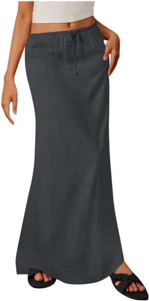 Long Skirts for Women Boho Vacation Flowy Maxi Skirt Lightweight Drawstring Low Rise Ankle Length Slim A Line Skirt