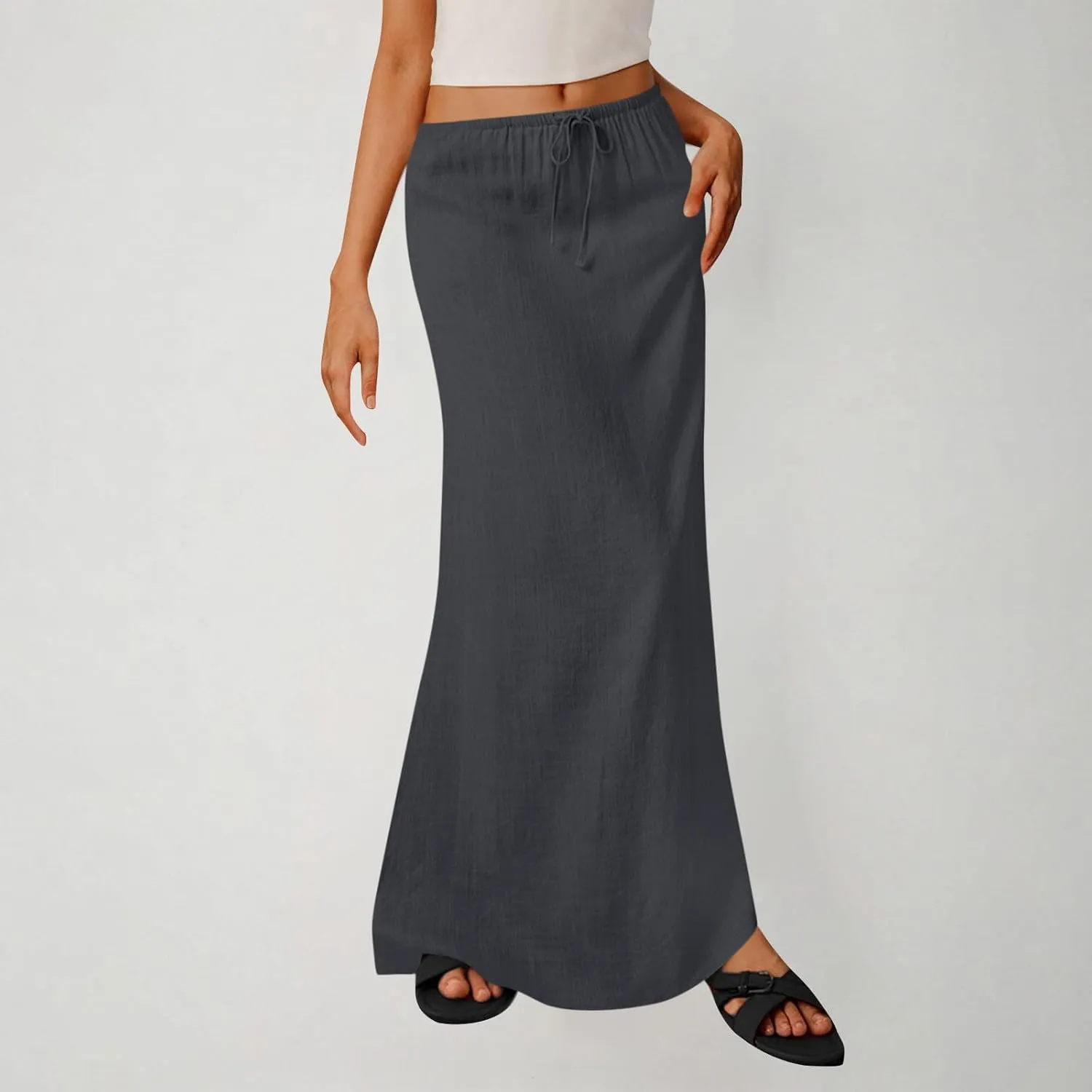 Long Skirts for Women Boho Vacation Flowy Maxi Skirt Lightweight Drawstring Low Rise Ankle Length Slim A Line Skirt