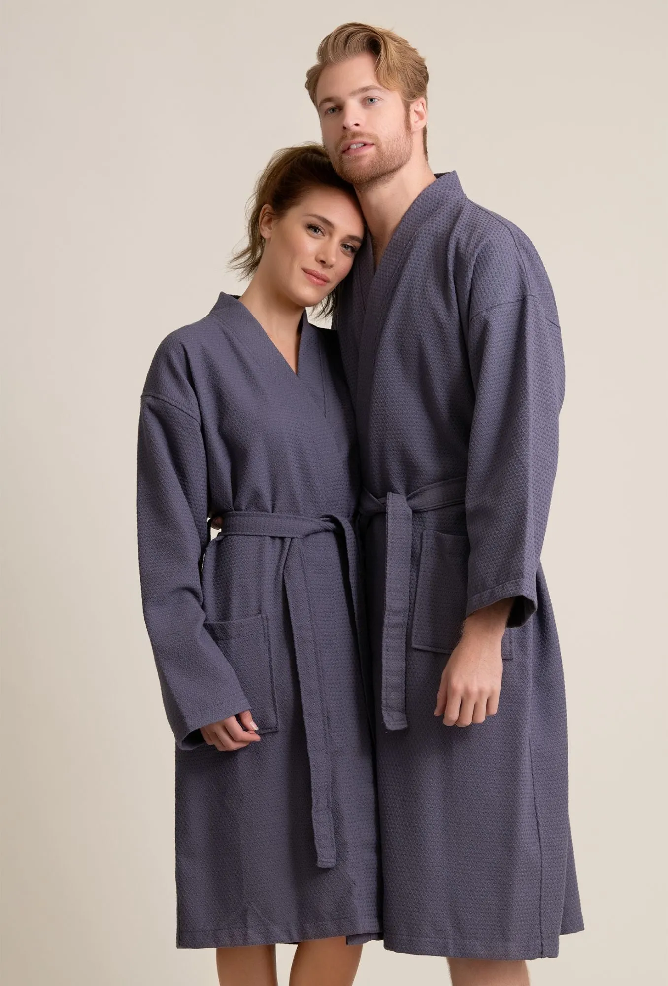 Luxurious 100% Cotton Women's Waffle Robe. Long, Lightweight Gray