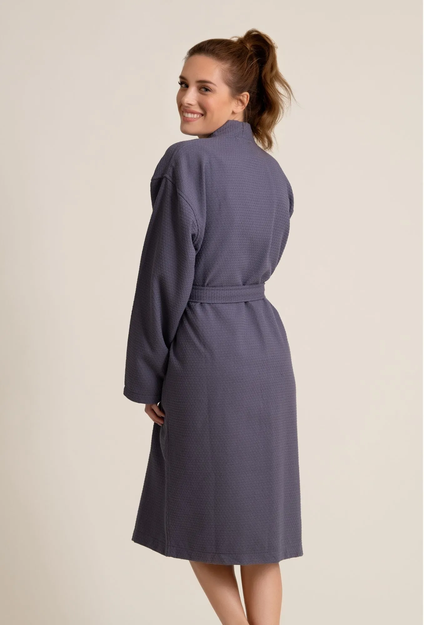 Luxurious 100% Cotton Women's Waffle Robe. Long, Lightweight Gray