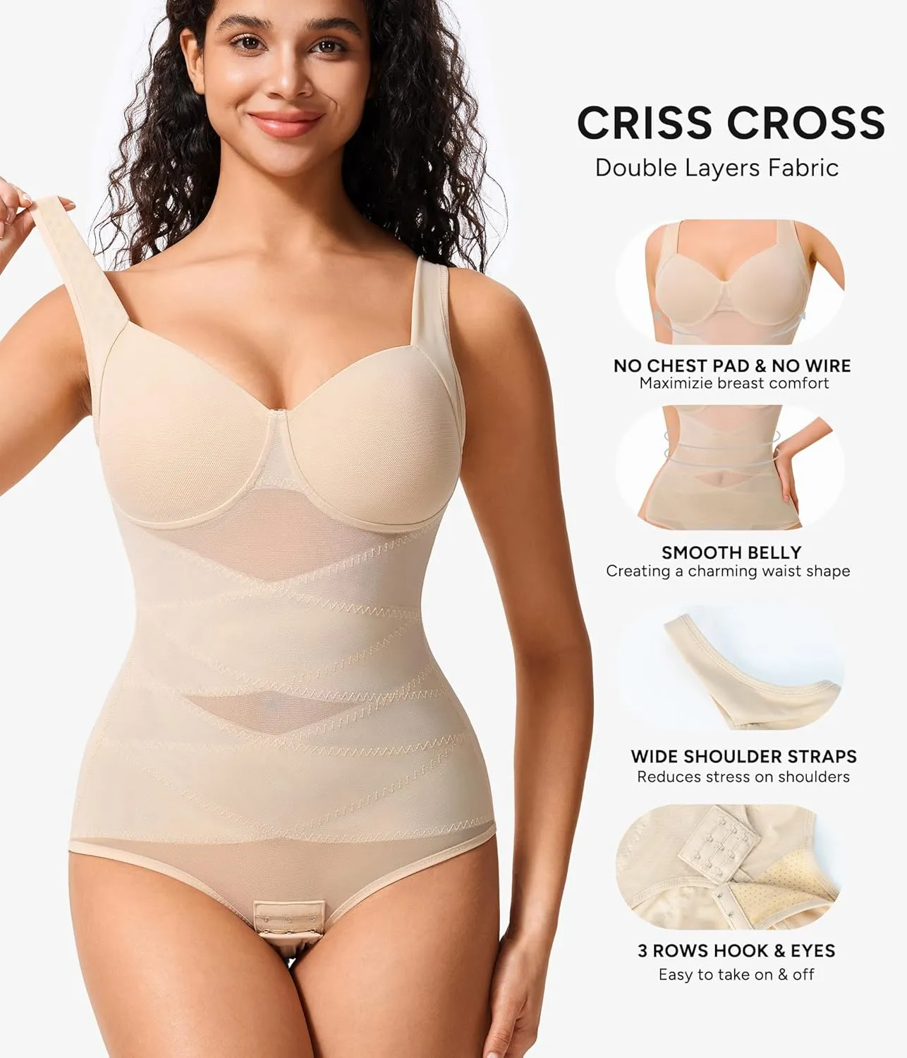 Nebility Shapewear Bodysuit for Women Tummy Control Waist Trainer Backless Body Shaper V-Neck with Built in Bra