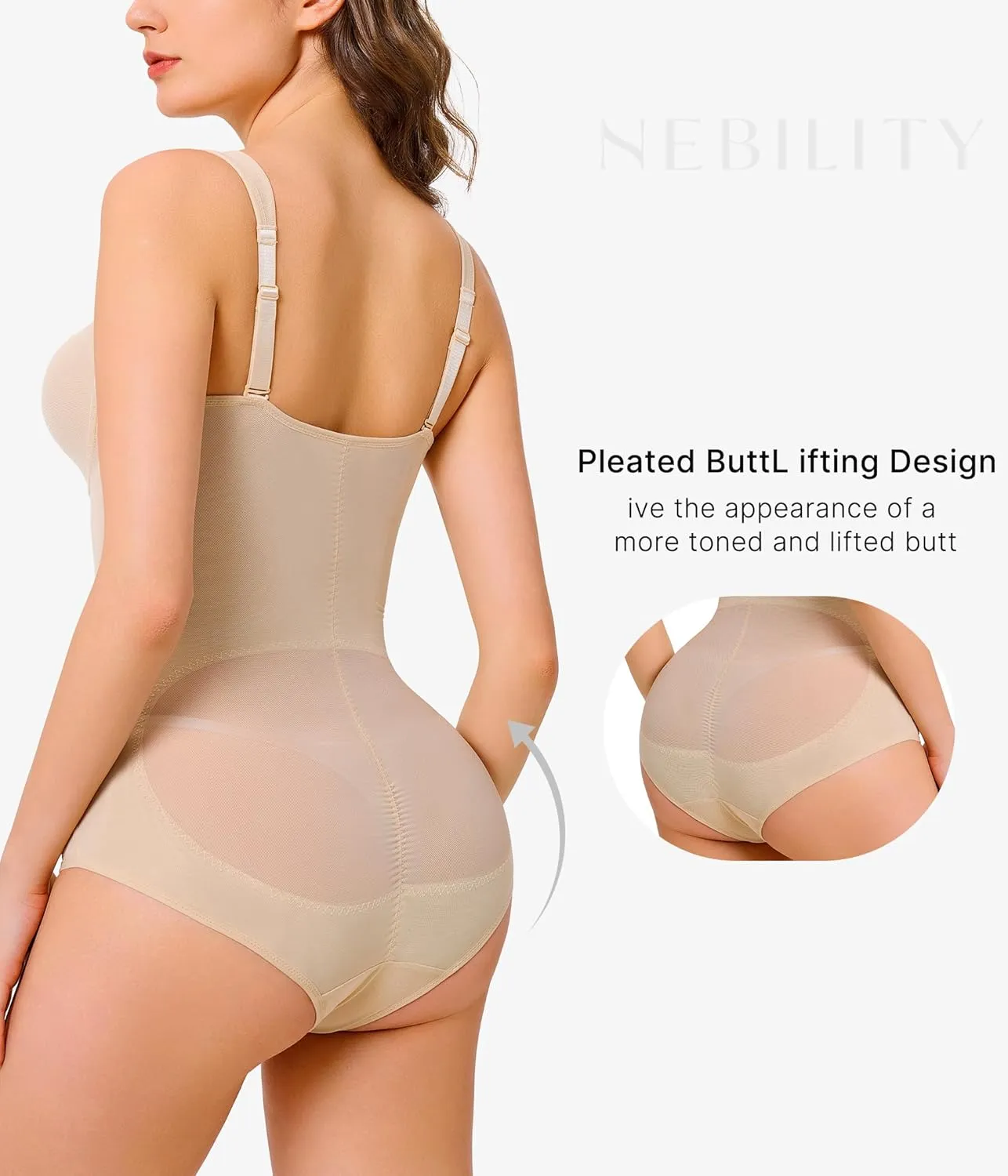 Nebility Shapewear Bodysuit for Women Tummy Control Waist Trainer Backless Body Shaper V-Neck with Built in Bra