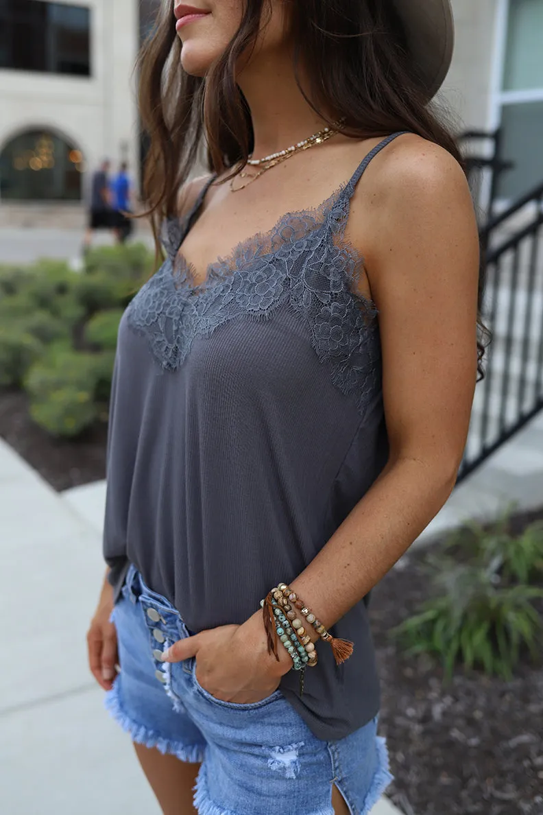 Odessa Eyelash Lace Trim Cami - Grey