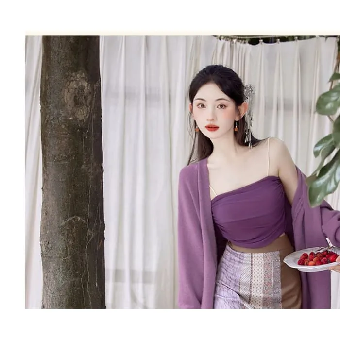 Plain Crop Cami Top / Plain Long Cardigan / High Waist Striped Midi
