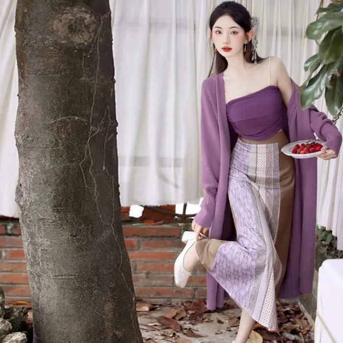 Plain Crop Cami Top / Plain Long Cardigan / High Waist Striped Midi