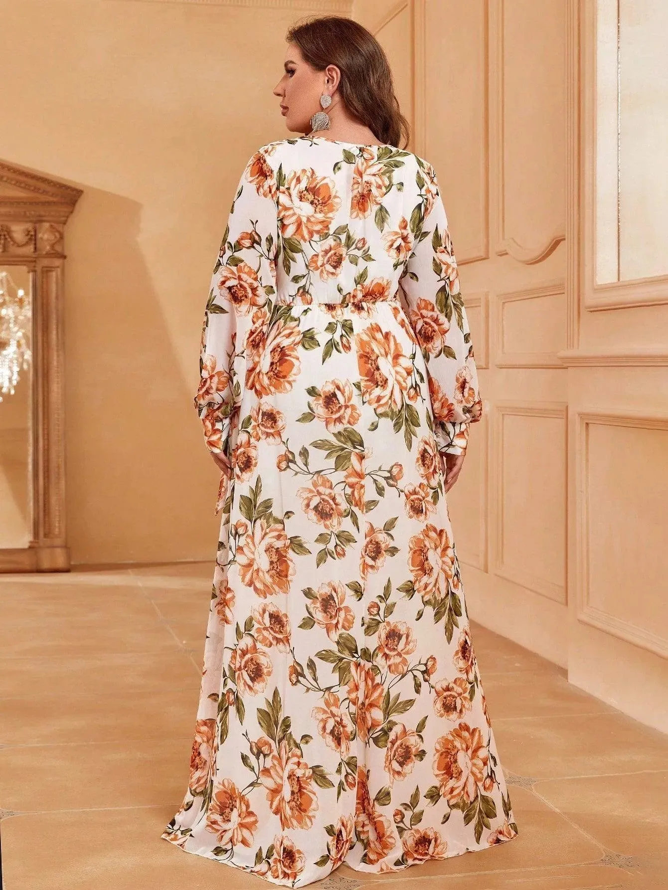 Plus V Neck Long Sleeve Floral Chiffon Dresses
