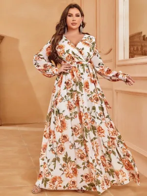 Plus V Neck Long Sleeve Floral Chiffon Dresses