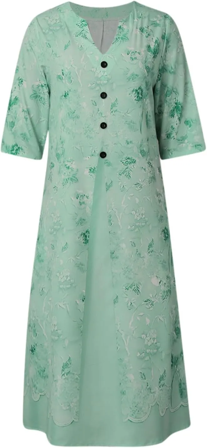 PTOLOCIF Elegant Dresses for Women Summer Button V Neck Maxi Dress Short Sleeve Tshirt Dress Wedding Guest Dresses W/Pockets
