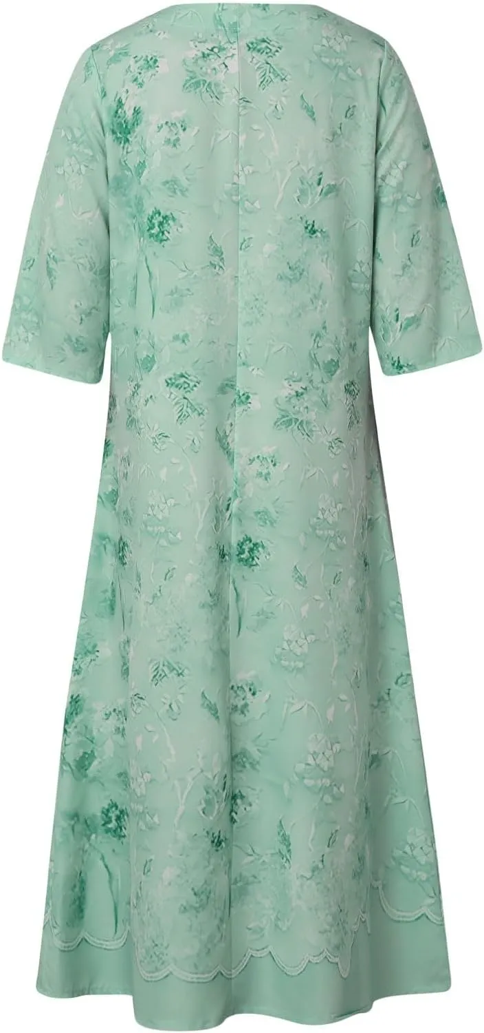 PTOLOCIF Elegant Dresses for Women Summer Button V Neck Maxi Dress Short Sleeve Tshirt Dress Wedding Guest Dresses W/Pockets