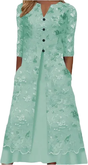 PTOLOCIF Elegant Dresses for Women Summer Button V Neck Maxi Dress Short Sleeve Tshirt Dress Wedding Guest Dresses W/Pockets