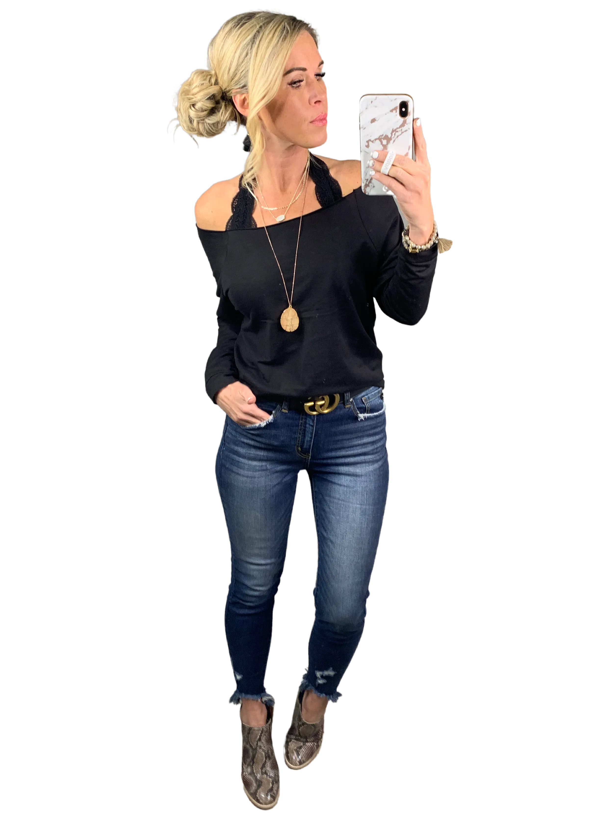 Raw Hem Off The Shoulder - Black