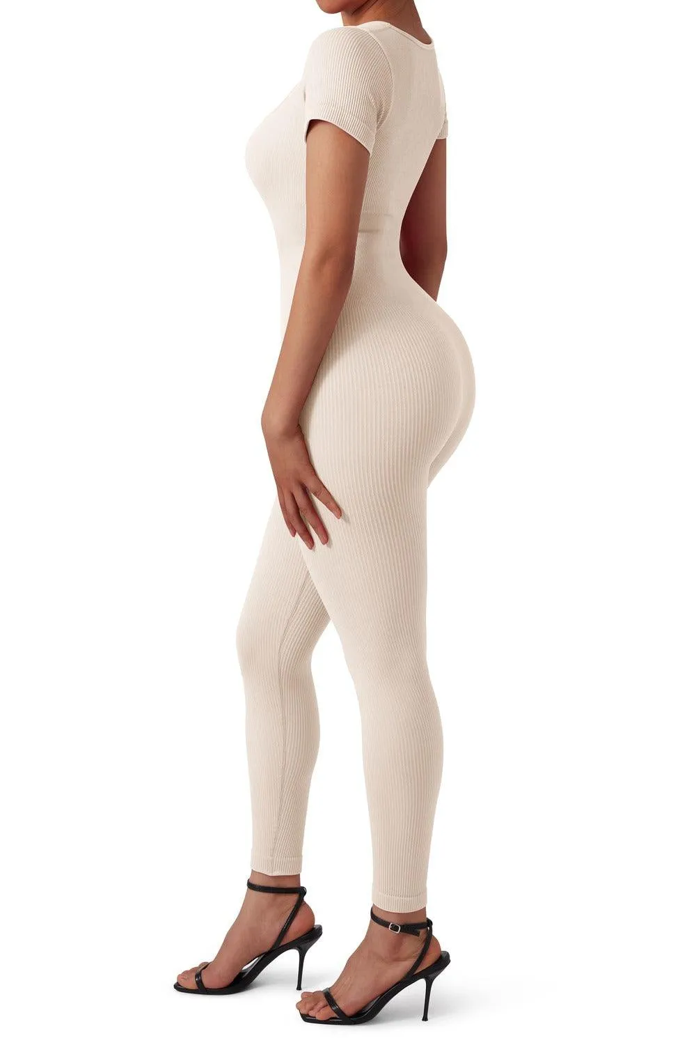 Ribbed One-Piece Jumpsuit - Short Sleeve