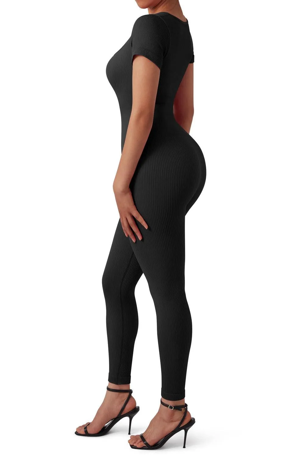 Ribbed One-Piece Jumpsuit - Short Sleeve