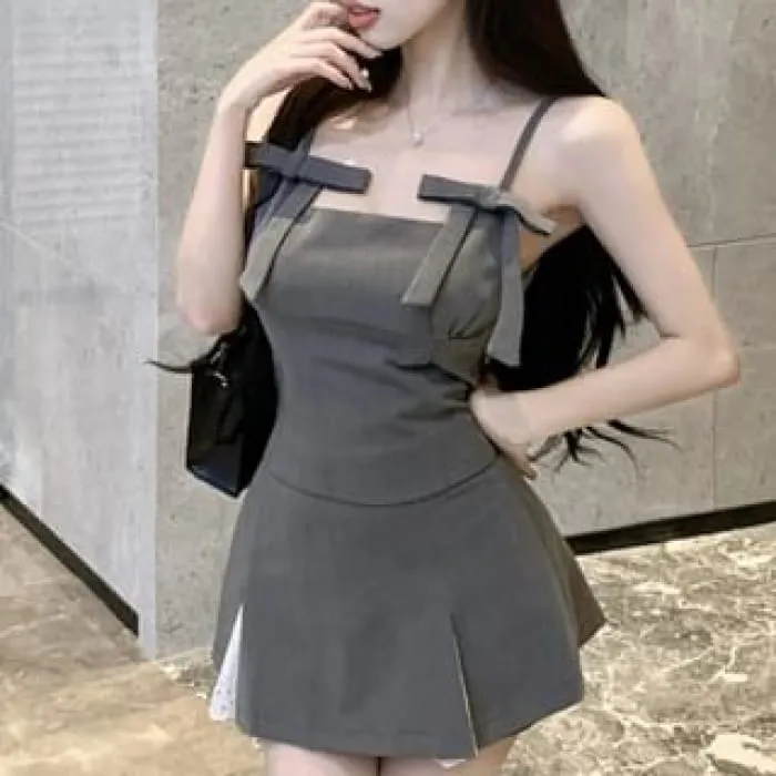 Scoop Neck Plain Bow Accent Crop Cami Top / High Rise Lace Panel Mini