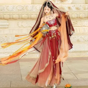 Set: Lolita Strapless Embroidered Crop Top   High Rise Midi A-Line Skirt   Arm Let   Scarf   Veil