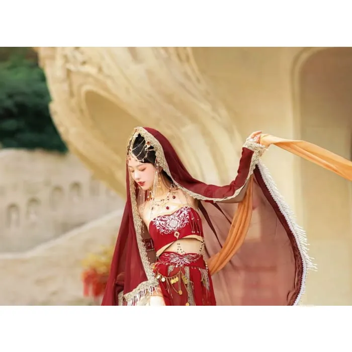Set: Lolita Strapless Embroidered Crop Top   High Rise Midi A-Line Skirt   Arm Let   Scarf   Veil