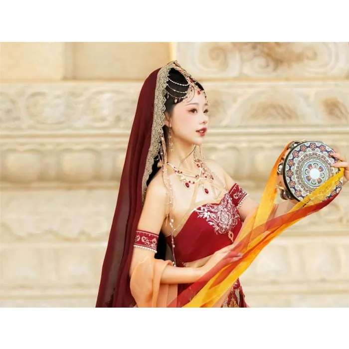 Set: Lolita Strapless Embroidered Crop Top   High Rise Midi A-Line Skirt   Arm Let   Scarf   Veil