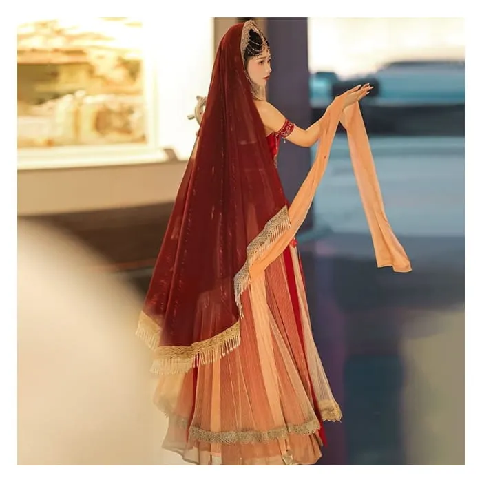Set: Lolita Strapless Embroidered Crop Top   High Rise Midi A-Line Skirt   Arm Let   Scarf   Veil