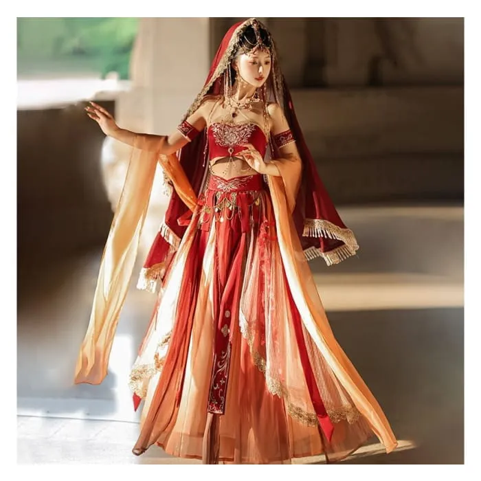 Set: Lolita Strapless Embroidered Crop Top   High Rise Midi A-Line Skirt   Arm Let   Scarf   Veil