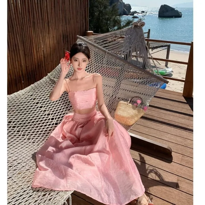Set: Plain Crop Camisole Top   High Waist Midi A-Line Skirt