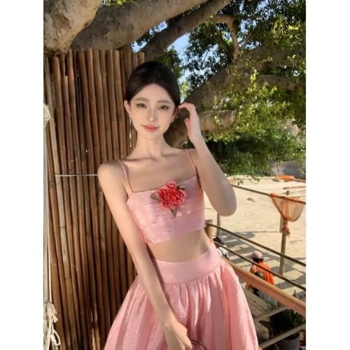 Set: Plain Crop Camisole Top   High Waist Midi A-Line Skirt