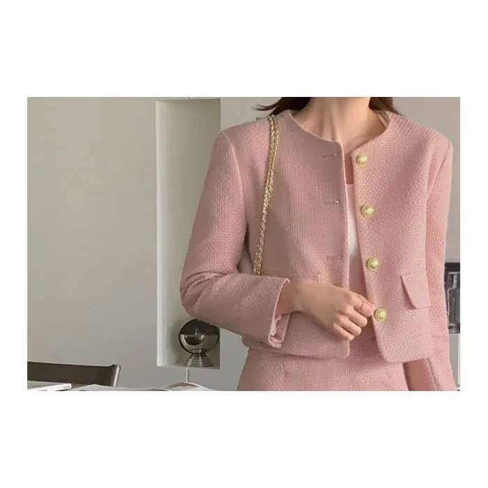 Set: Plain Tweed Button Jacket   High Rise Mini A-Line Skirt