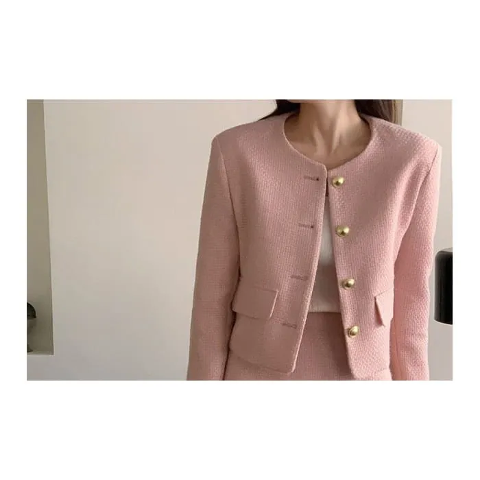 Set: Plain Tweed Button Jacket   High Rise Mini A-Line Skirt