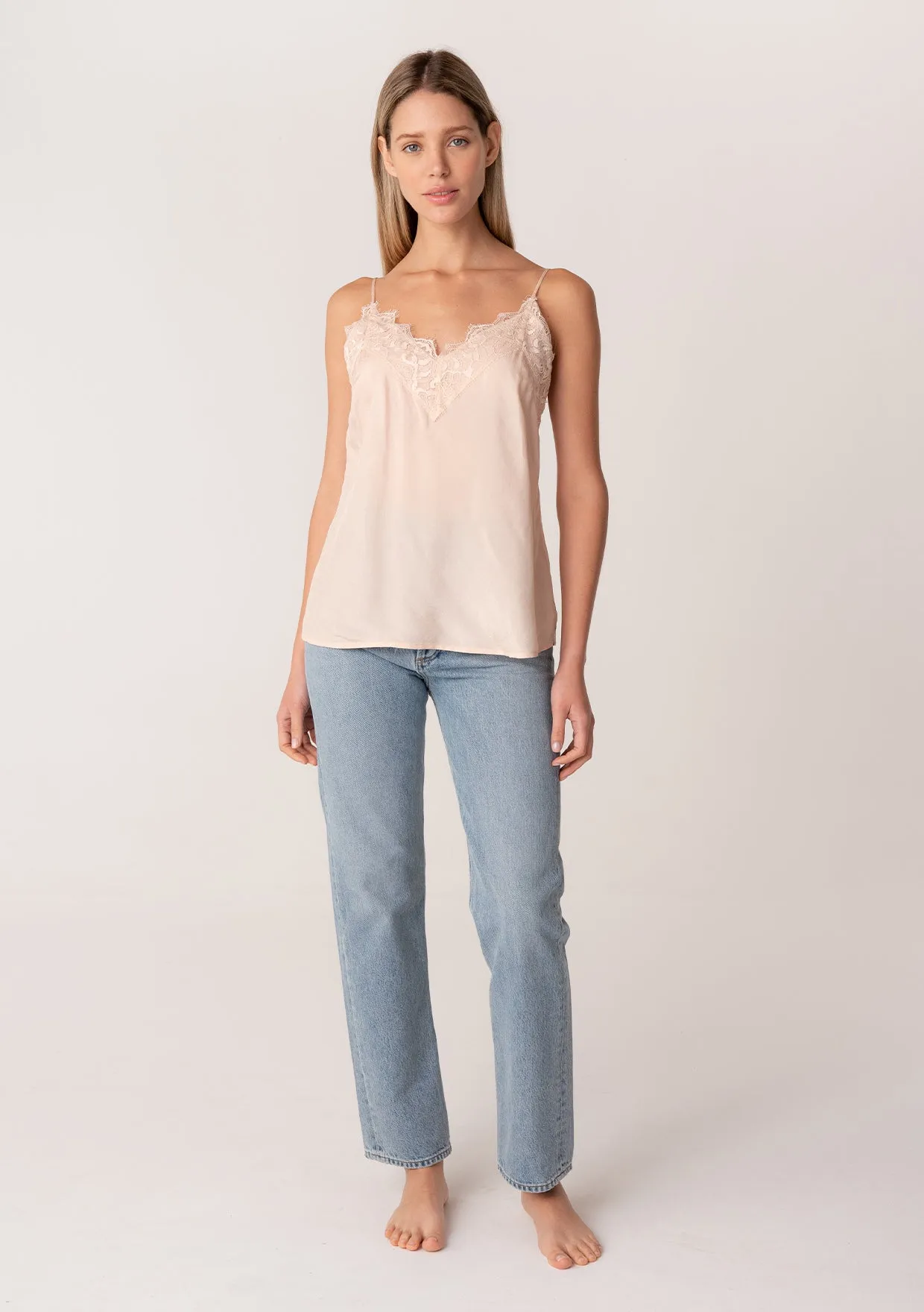 Silky V Neck Spaghetti Strap Lace Trim Cami