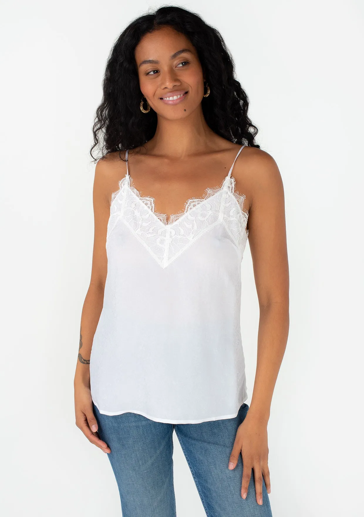 Silky V Neck Spaghetti Strap Lace Trim Cami